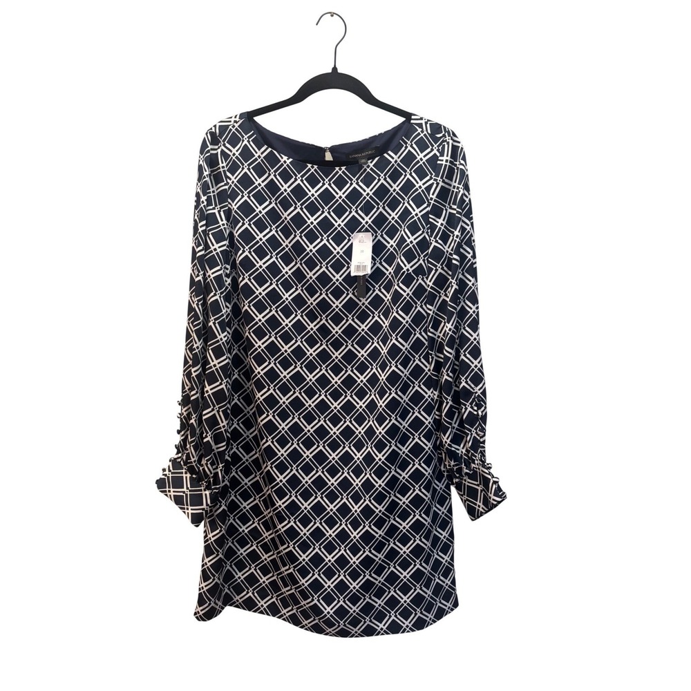 Banana Republic Navy White Geometric Print Long Sleeve Shift Dress Size‎ 10